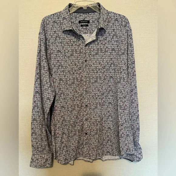 Mens Bugatchi Shaped Fit Shirt XXL 2XL White Blue Red Abstract Long Sleeve - Picture 1 of 7